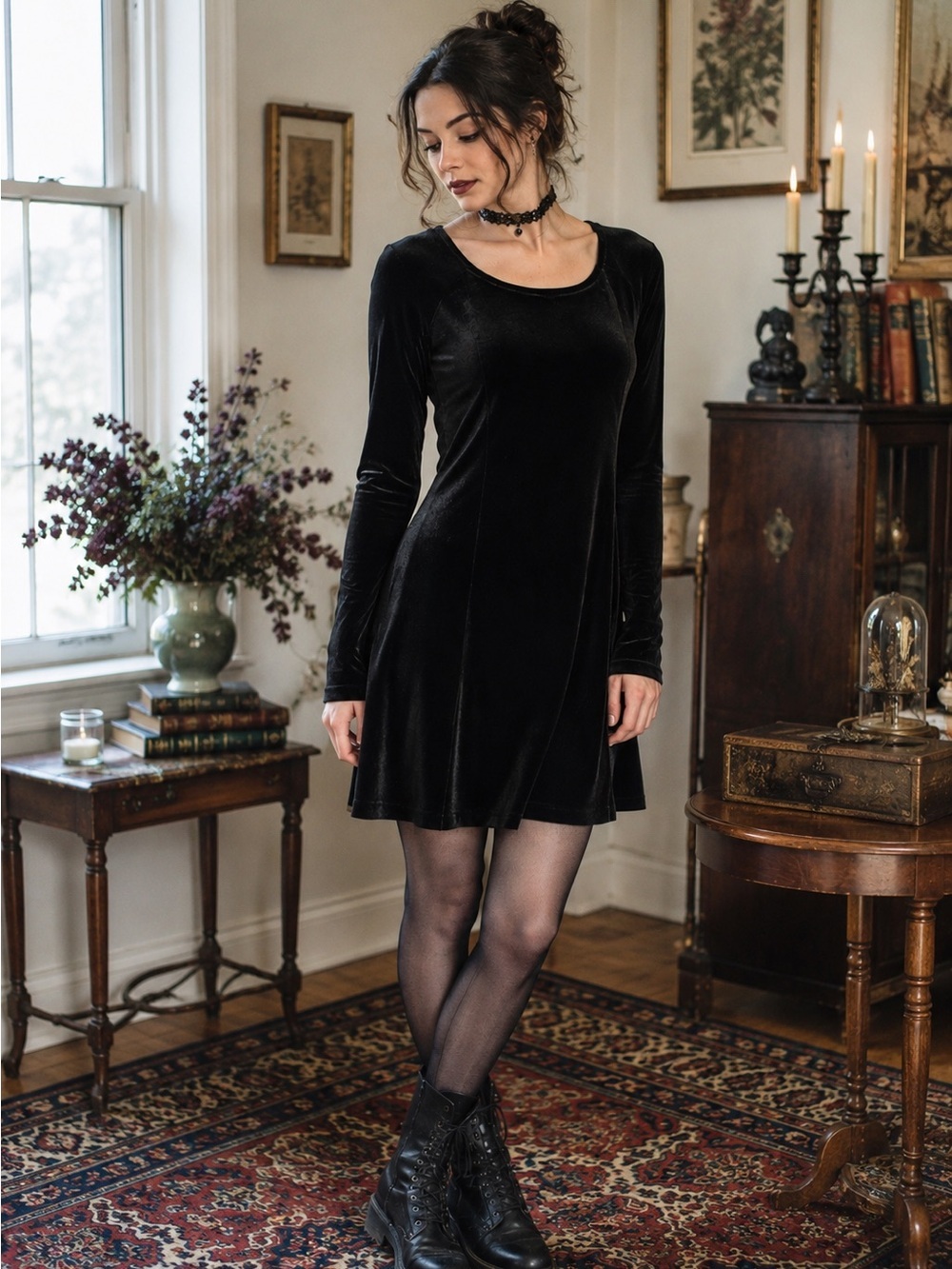 Vintage 90s Moda Intl Skater Dress XS Black Stretch Velvet Velour Goth Witchcore